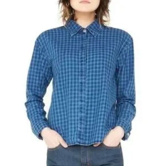 Sandrine Rose x Free People Blue & Black Gingham Button Down Denim Shirt XS NWT - Picture 1 of 10